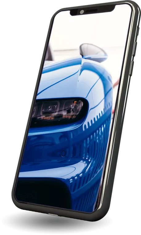 Smartphone showing a blue car on its screen